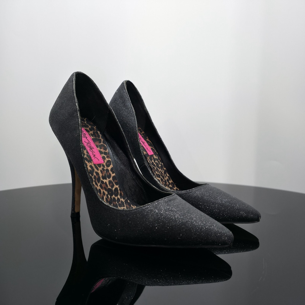Y2K Betsey Johnson Black Glitter Stiletto Heels Women’s 7M Party Club Pumps - Picture 3 of 9